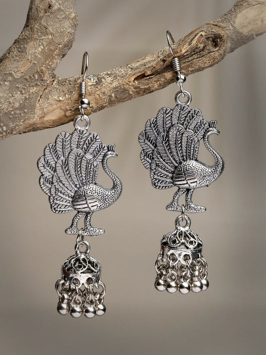 NVR Women's Silver-Toned Peacock Desing German Silver Oxidised Dome Shaped Jhumka Earrings | Swadesiicart