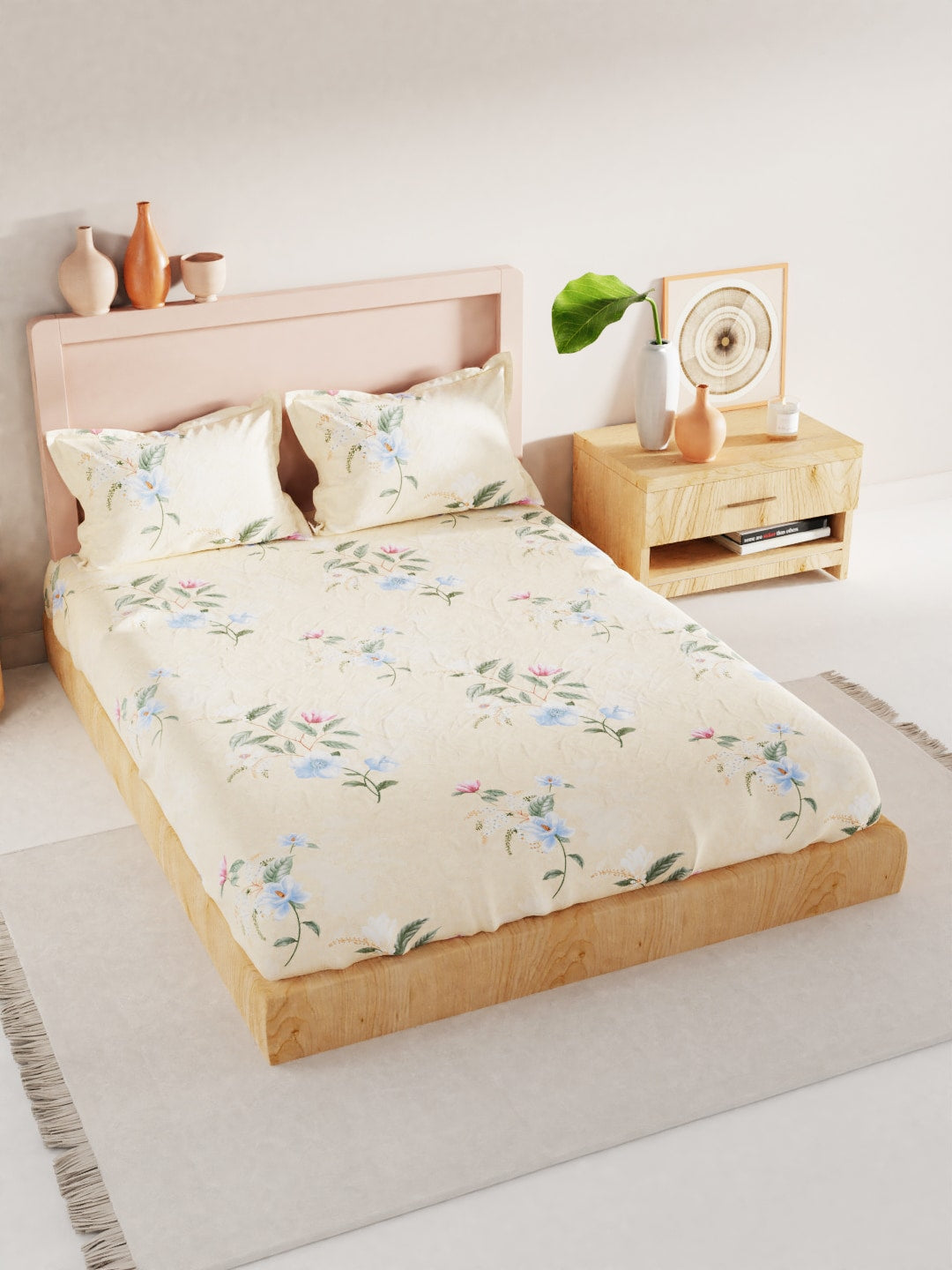 BIANCA Yellow & Blue Floral 186 TC King Bedsheet with 2 Pillow Covers - Swadesiicart