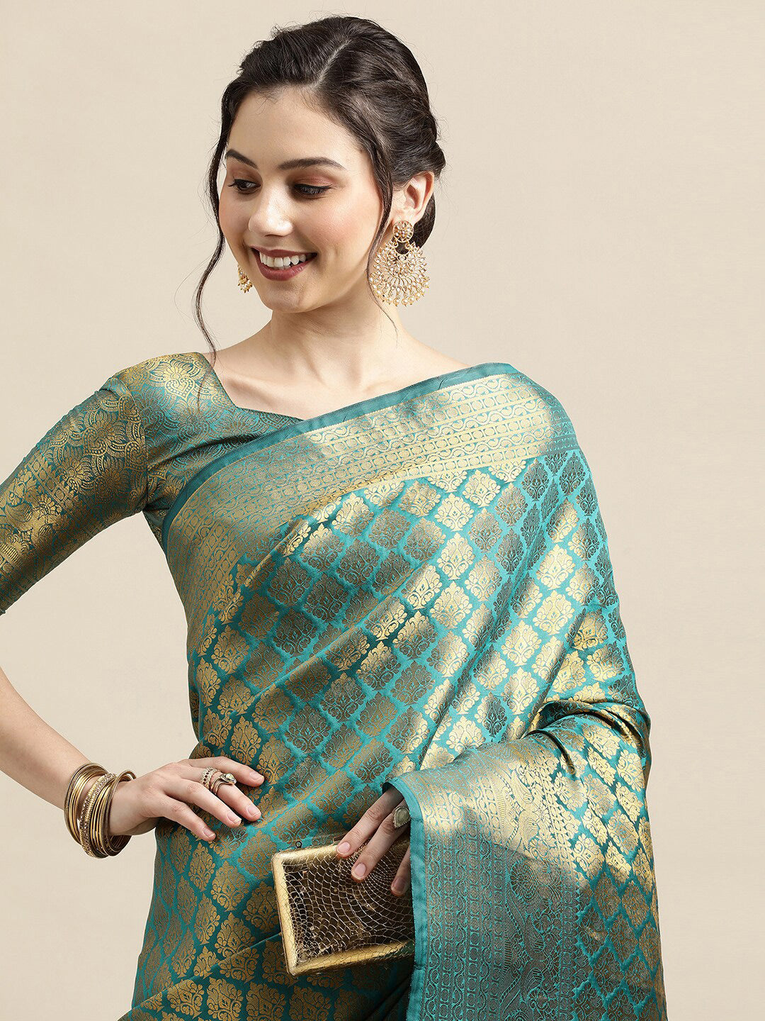 Saree Mall Blue & Gold-Toned Woven Design Zari Silk Blend Banarasi Saree | Swadesiicart
