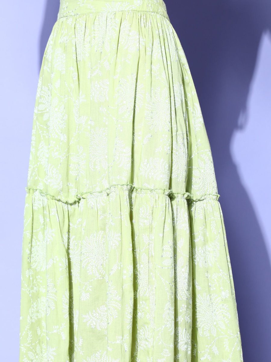Ahalyaa Pure Cotton Green & White Printed Khari Print Ready to Wear Lehenga & Blouse With Dupatta | Swadesiicart