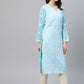 ADA Women Blue & White Chikankari Embroidered Straight Sustainable Handloom Kurta with Inner | Swadesiicart