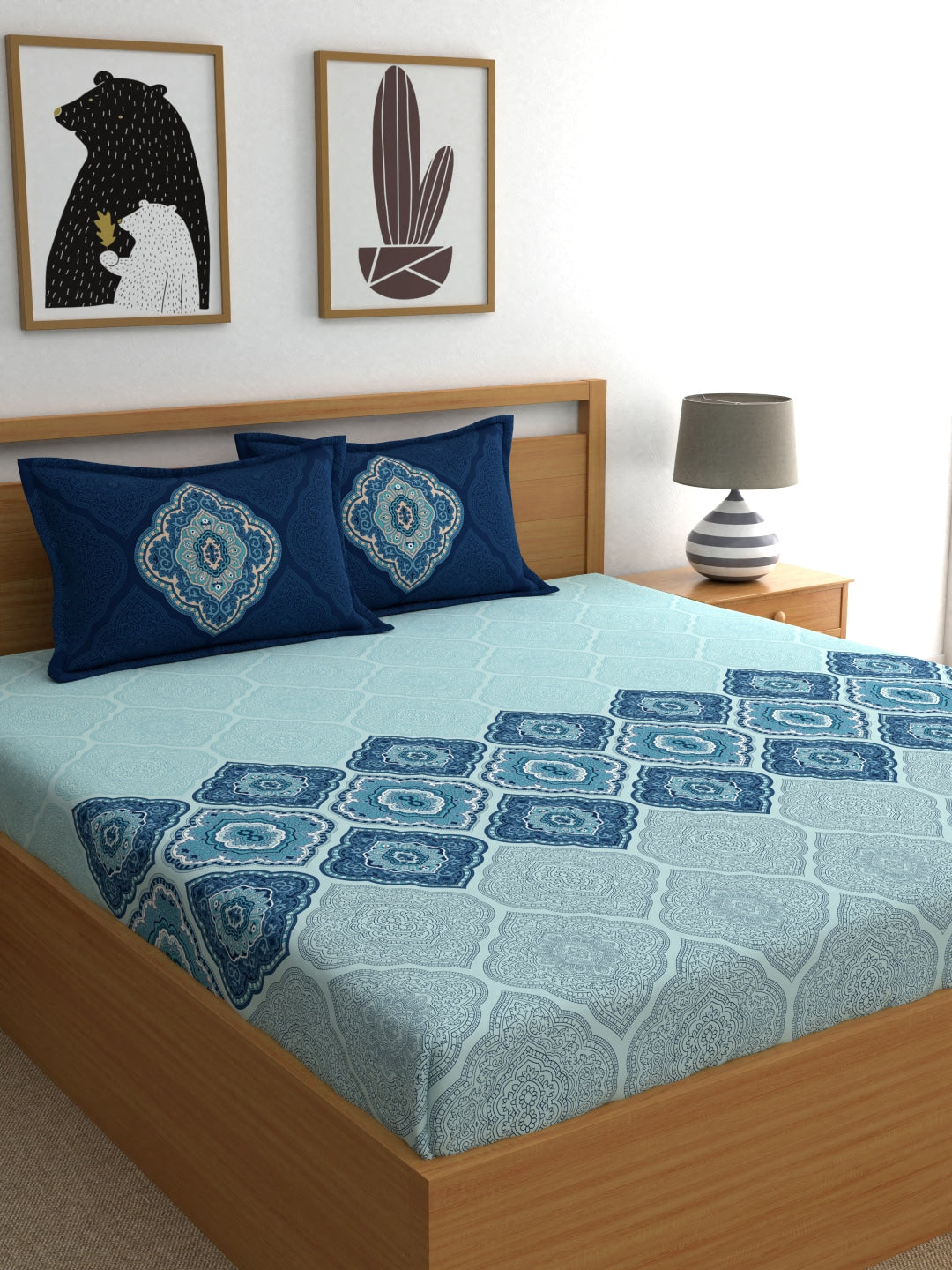 Dreamscape Blue Ethnic 144 TC Cotton Bedsheet with Reversible Pillow Covers - Swadesiicart