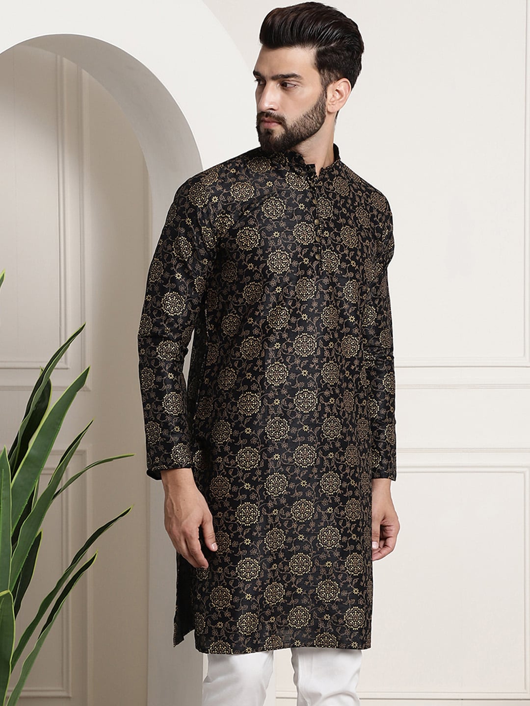 Sojanya Men Black & Brown Ethnic Motifs Printed Kurta | Swadesiicart