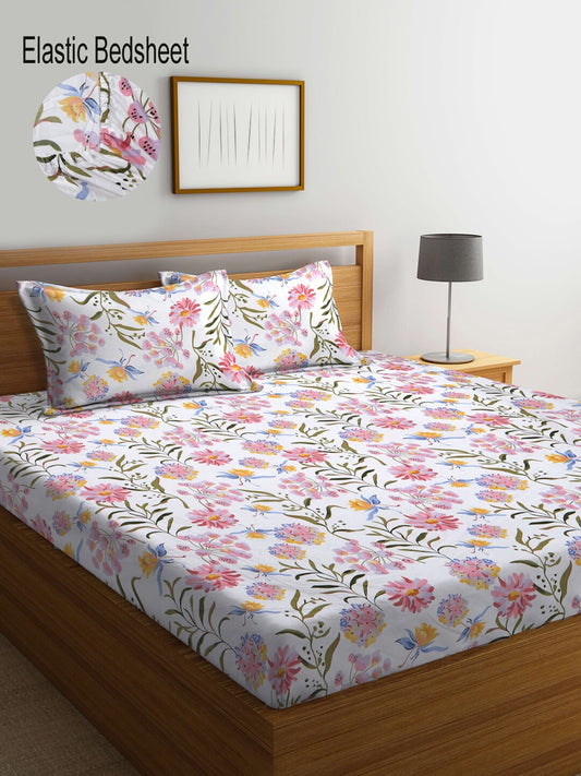 KLOTTHE Floral 300 TC Fitted Super King Bedsheet with 2 Pillow Covers - Swadesiicart