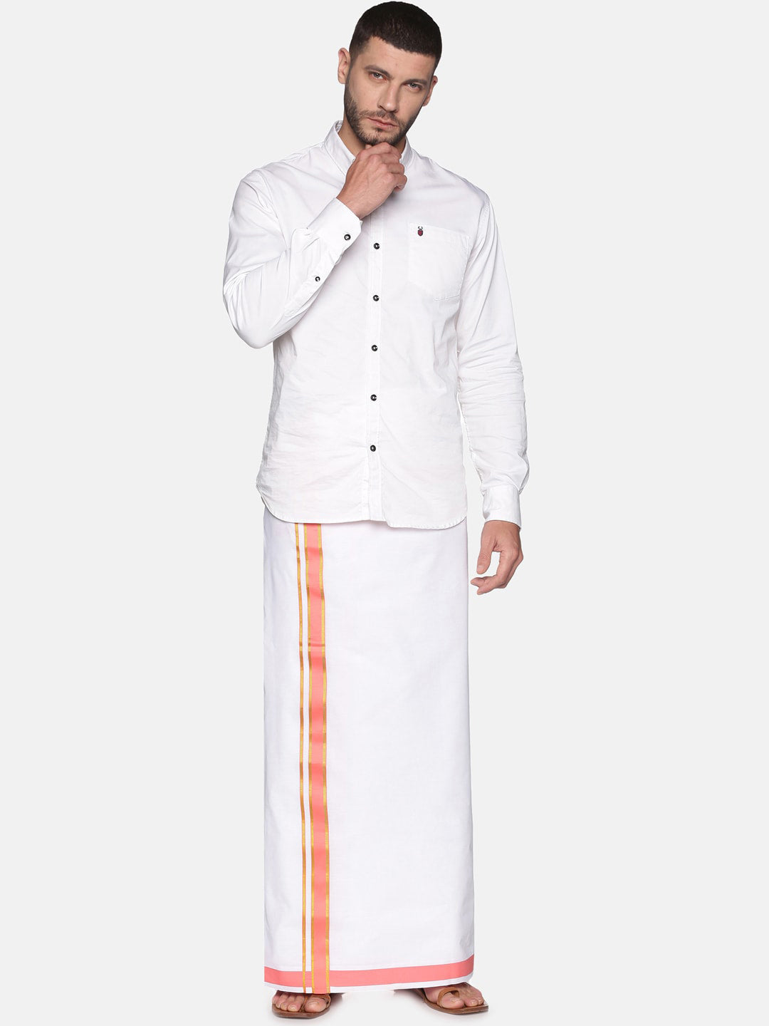 Sethukrishna Men White & Pink Solid Cotton Dhoti | Swadesiicart