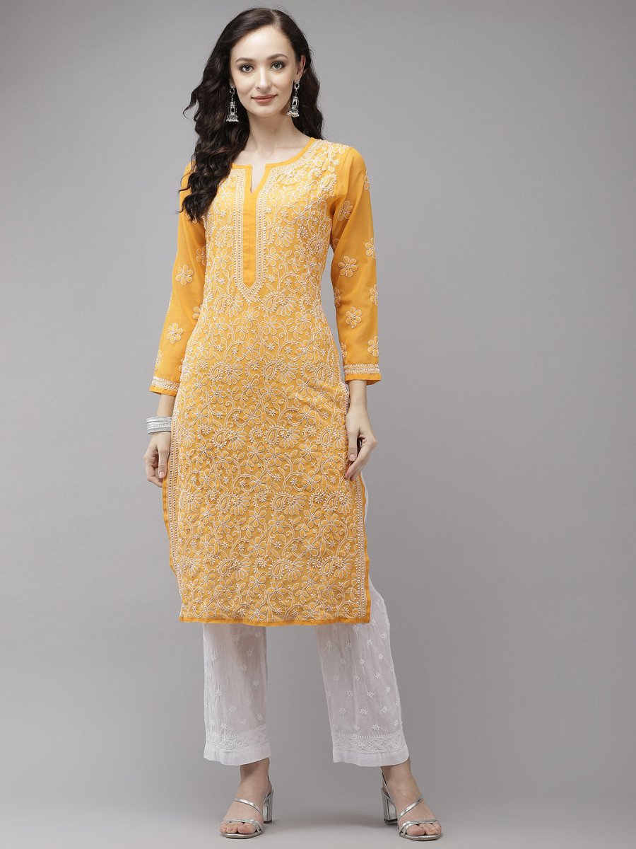 ADA Women Mustard Yellow Embroidered Regular Chikankari Handloom Kurta with Palazzos | Swadesiicart