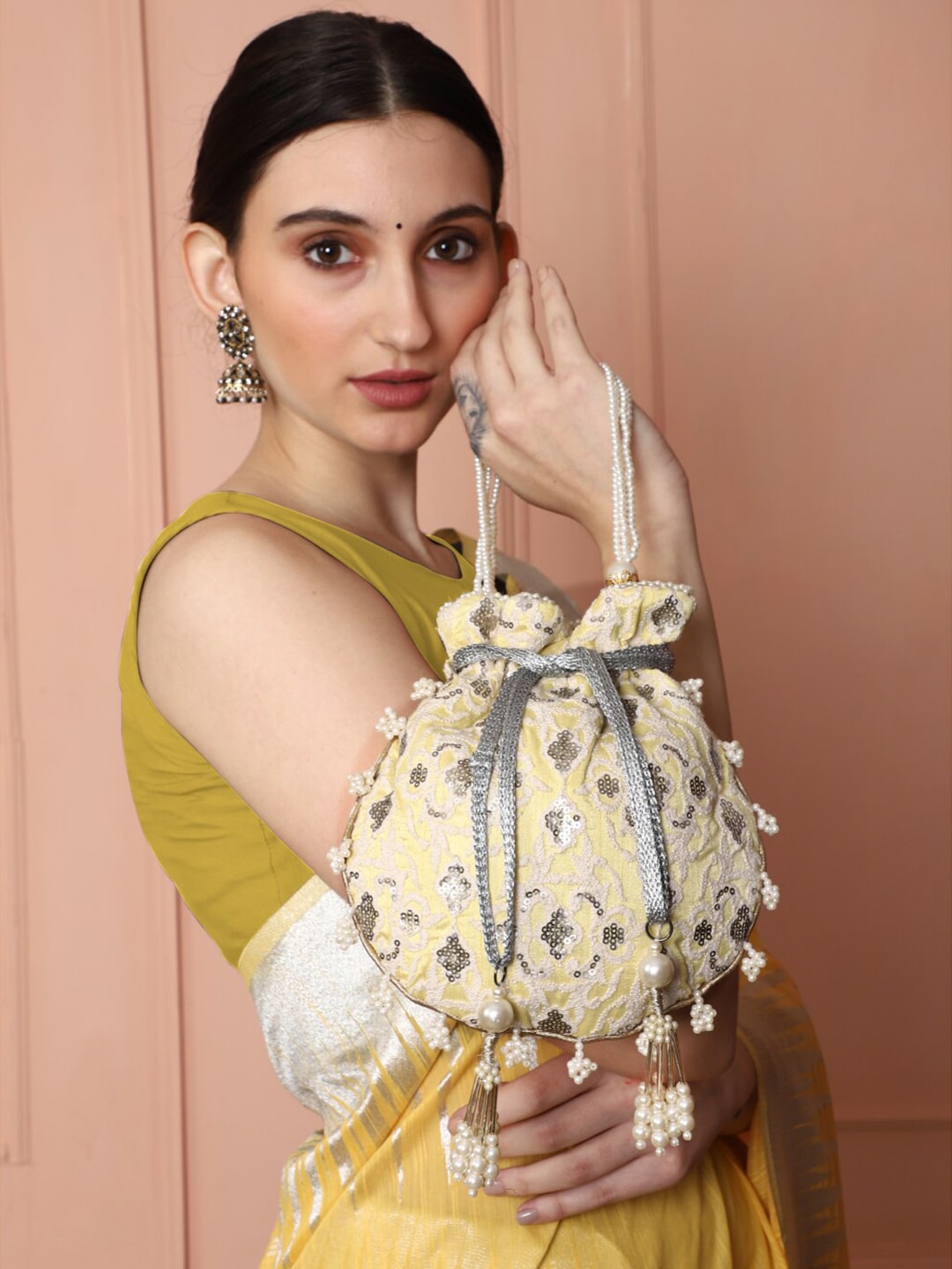 Masq Women Yellow & Grey Embellished Embroidered Potli Clutch - Swadesiicart