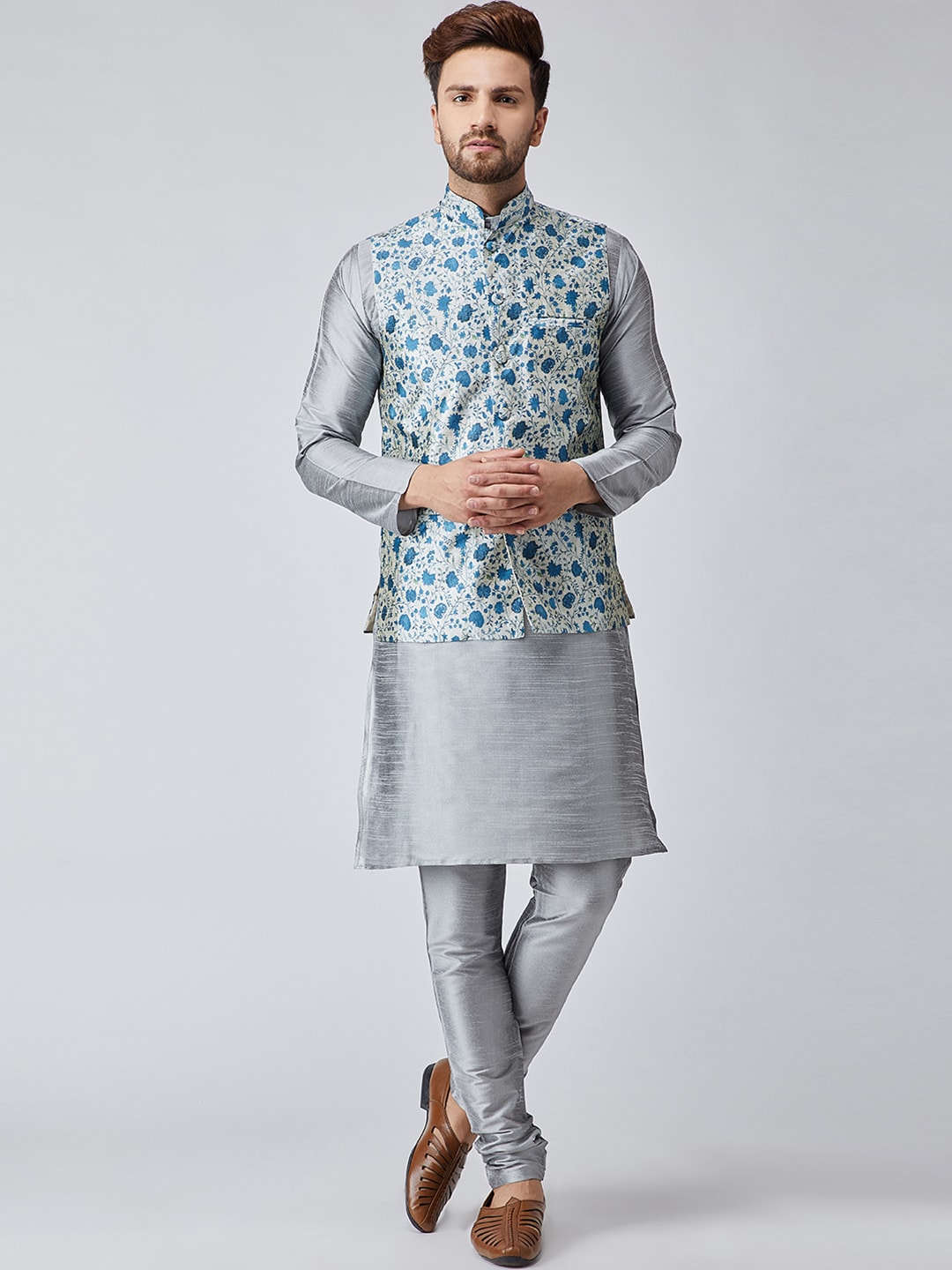 Sojanya Men Grey & Blue Self Design Kurta with Churidar & Nehru Jacket | Swadesiicart