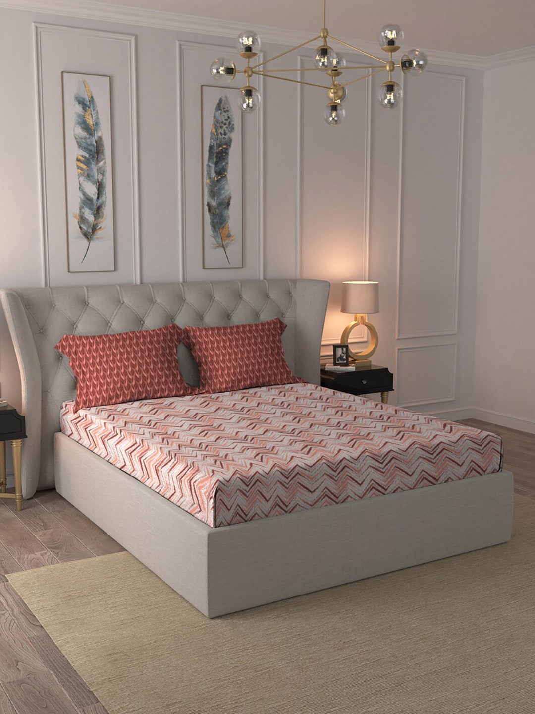 MYTRIDENT Peach Maroon Geometric Pure Cotton 144 TC Queen Bedsheet Pillow Covers - Swadesiicart