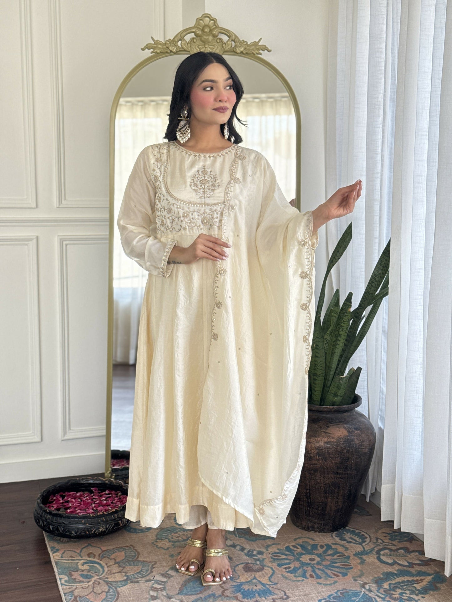 The52 CreamWomen's Gorgeous Embroidered Vichitra Silk Fabric Flared Kurta Pant with Dupatta Set - Swadesiicart