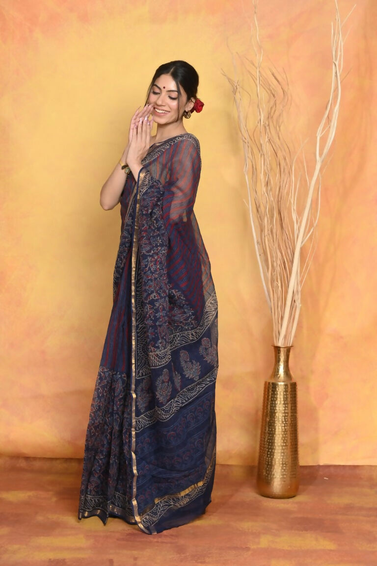 Very Much Indian Pure Kota Cotton Handblock Printed Saree - Dark Blue | Swadesiicart