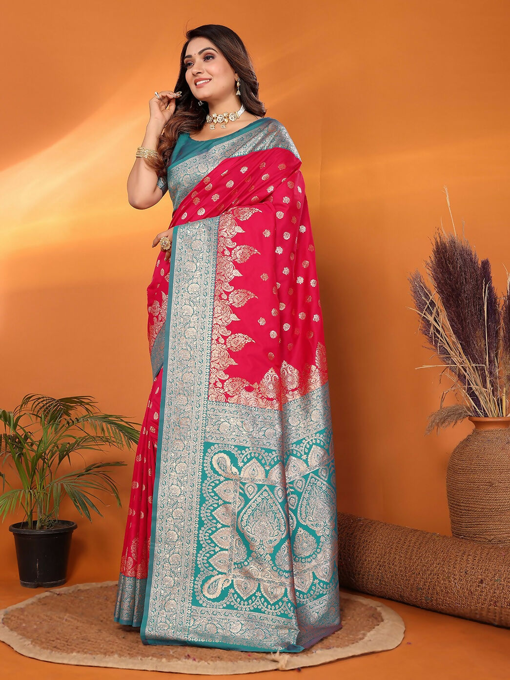 Joban Fashion Banarasi Hot Pink Woven Soft Silk Saree | Swadesiicart