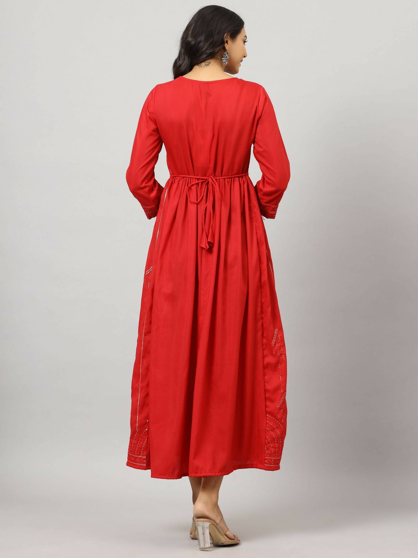 Juniper Women's Red Festive Printed Flared Dress | Swadesiicart