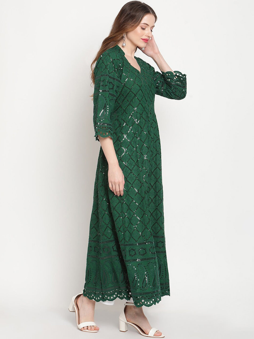 Kalini Ethnic Motifs Embroidered Chikankari Cotton Anarkali Kurta | Swadesiicart