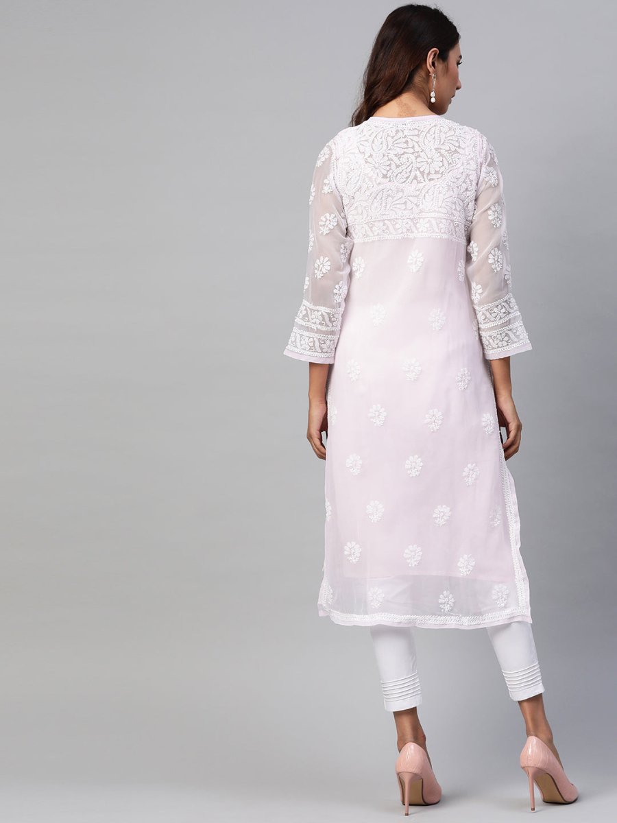 ADA Women Pink & White Chikankari Embroidered Handloom Kurta with Trousers | Swadesiicart