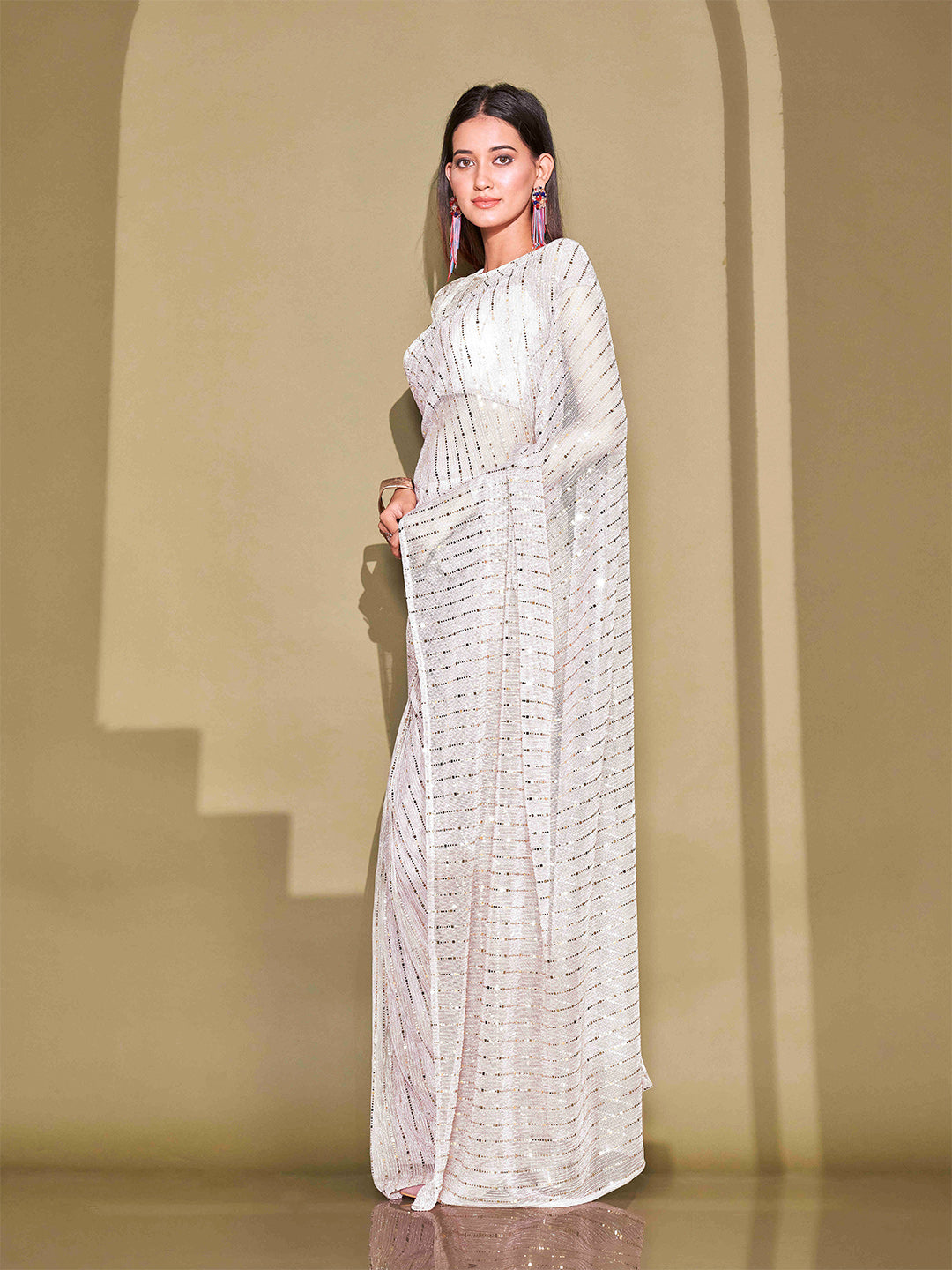 Tikhi Imli White Sequinned Embellished Saree | Swadesiicart
