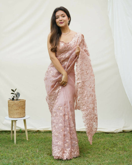 Vamsee Brown Organza Saree - Swadesiicart