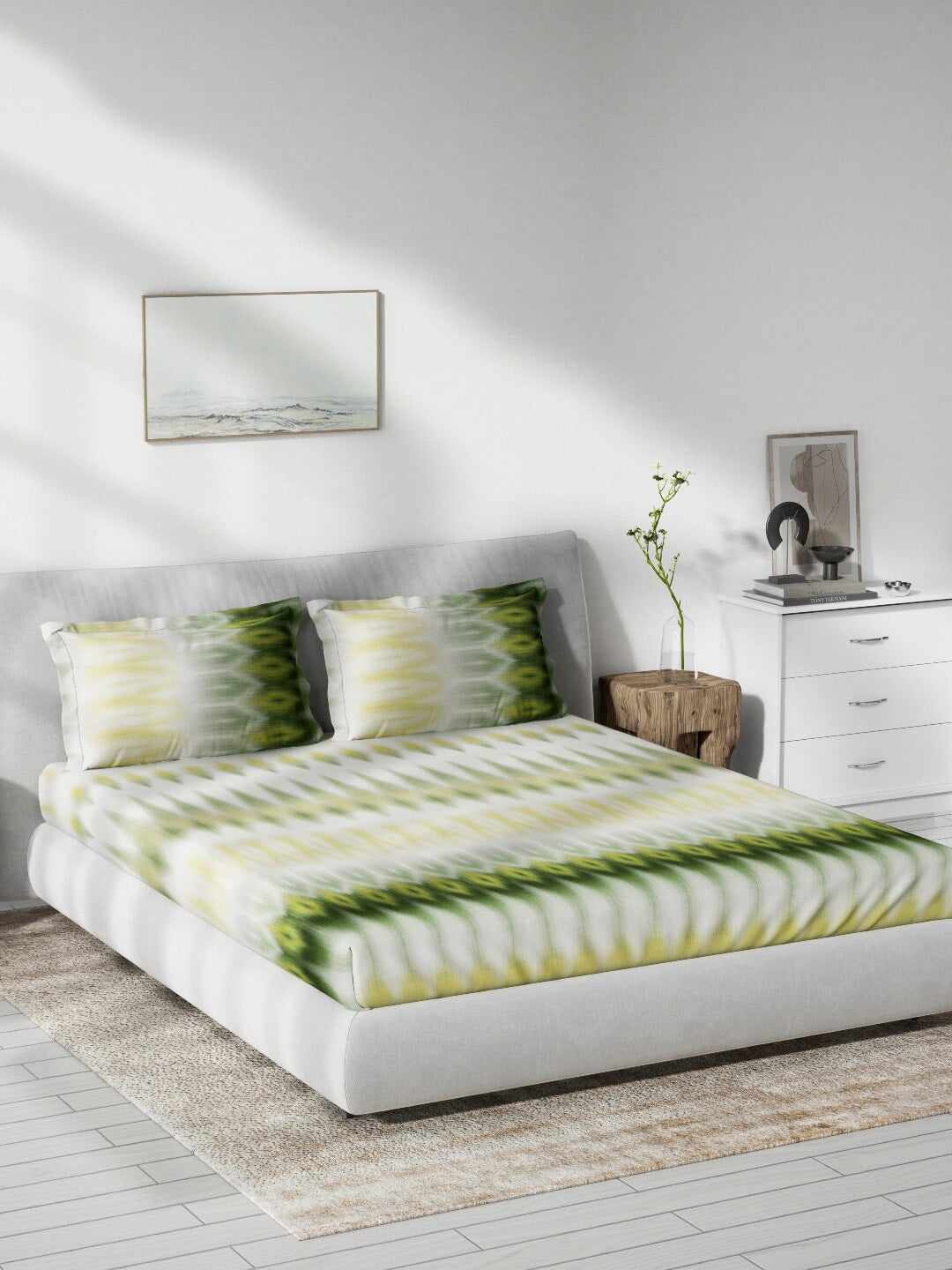DDecor Green & White Ethnic Motifs 140 TC Cotton Queen Bedsheet with 2 Pillow Covers - Swadesiicart