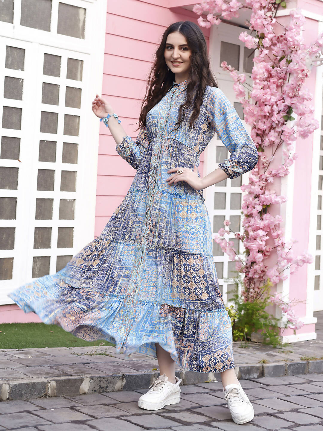 Light Blue Crepe Foil Printed Long Dress - Michan | Swadesiicart