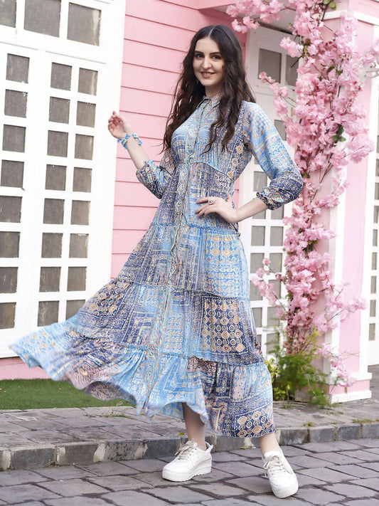 Light Blue Crepe Foil Printed Long Dress - Michan | Swadesiicart