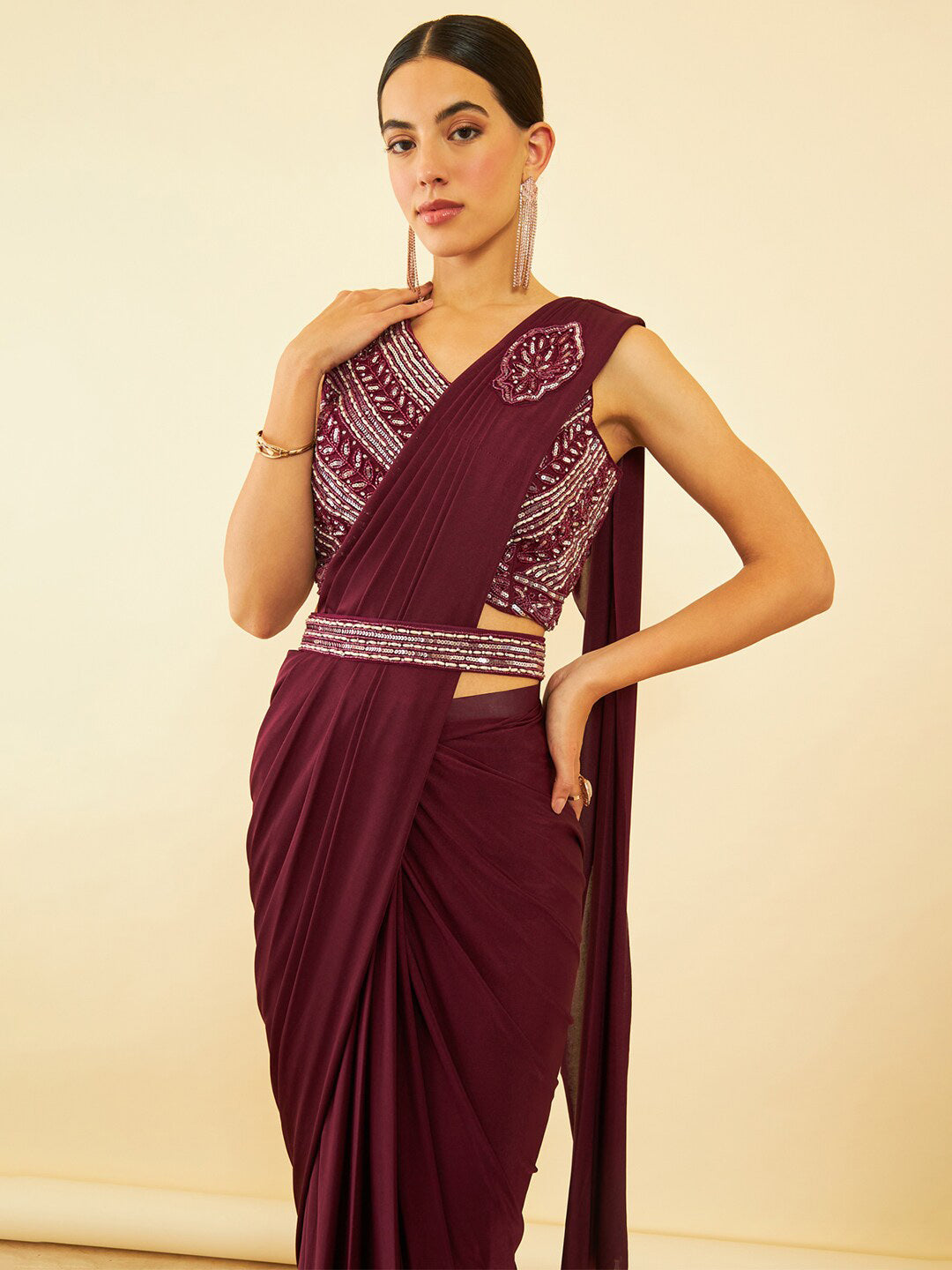 Soch Maroon Beads and Stones Ready to Wear Saree | Swadesiicart