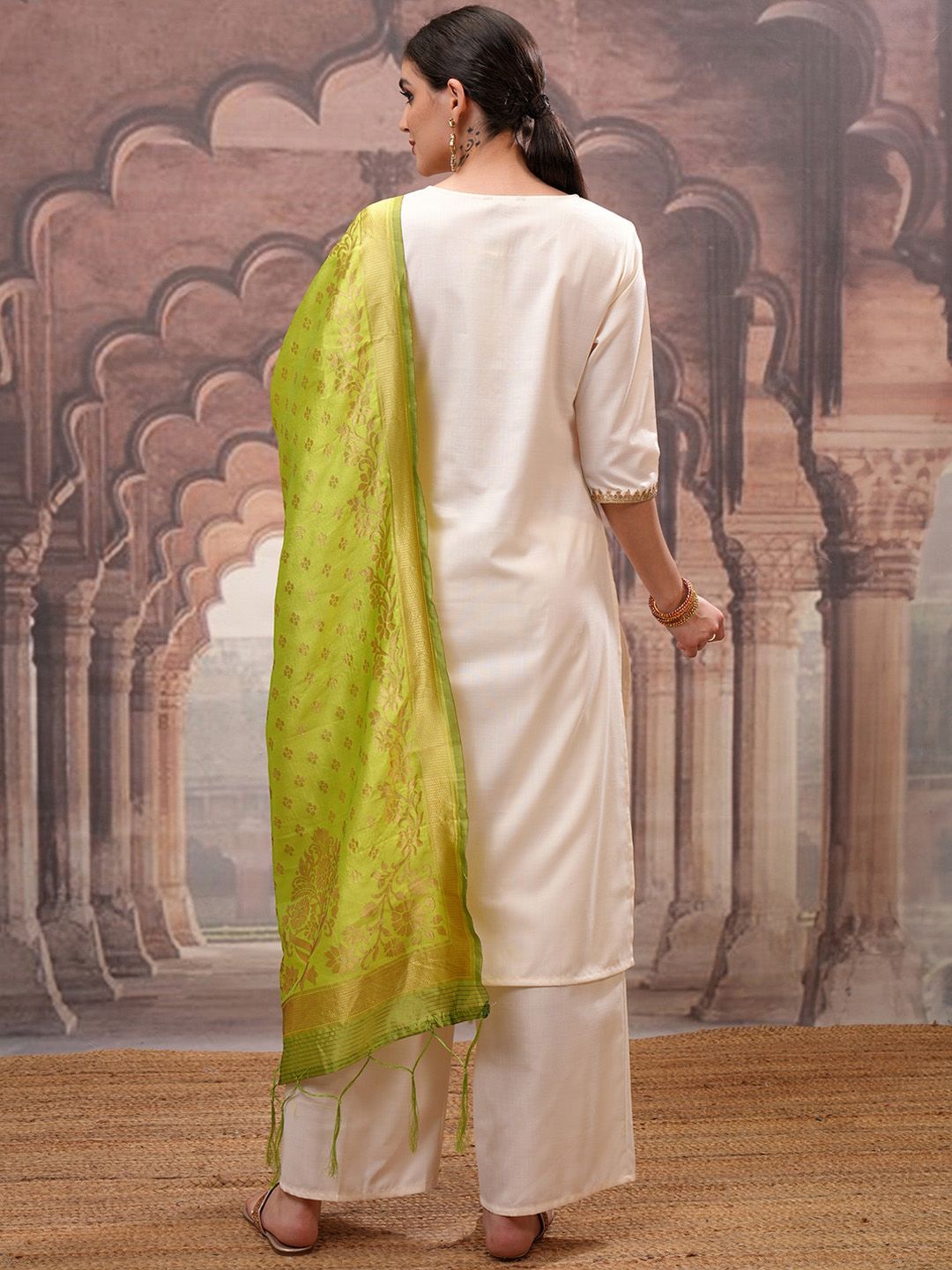 Vishudh Cream Embroidered Straight Kurta with Palazzo & Dupatta - Swadesiicart
