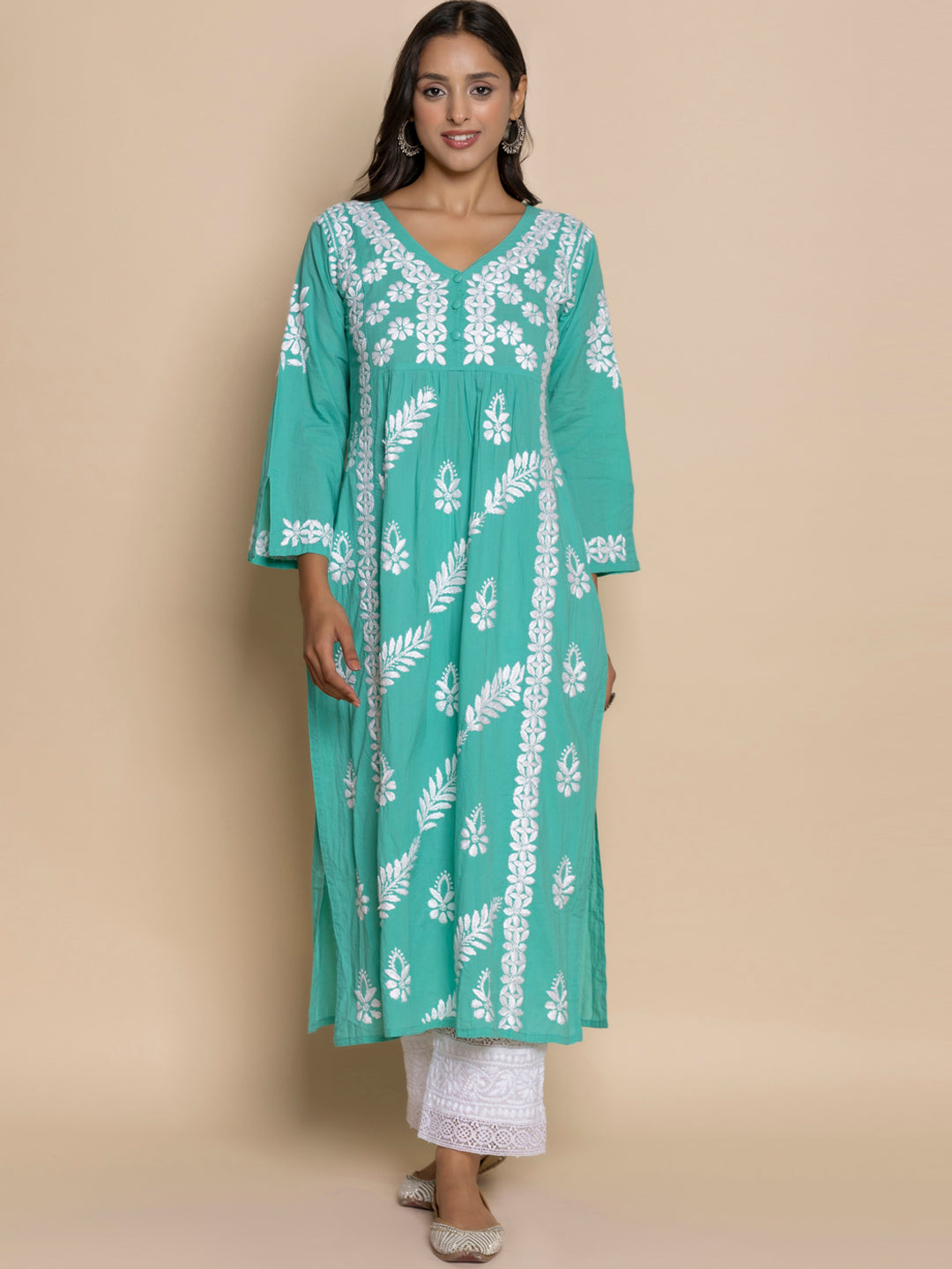 HOUSE OF KARI Floral Embroidered Chikankari Cotton A-Line Kurta | Swadesiicart