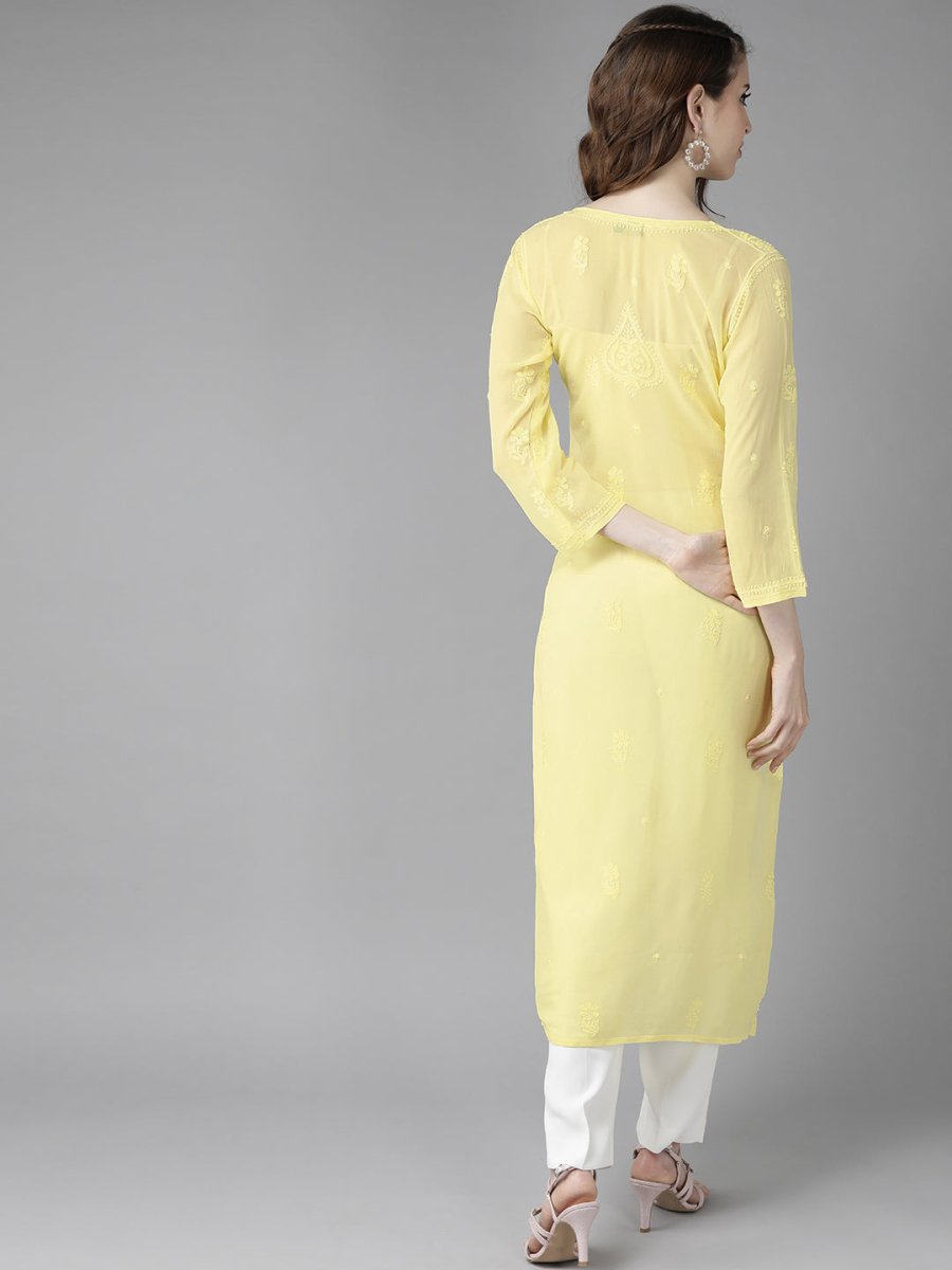 ADA Women Yellow Ethnic Motifs Embroidered Chikankari Georgette Handloom Kurta | Swadesiicart