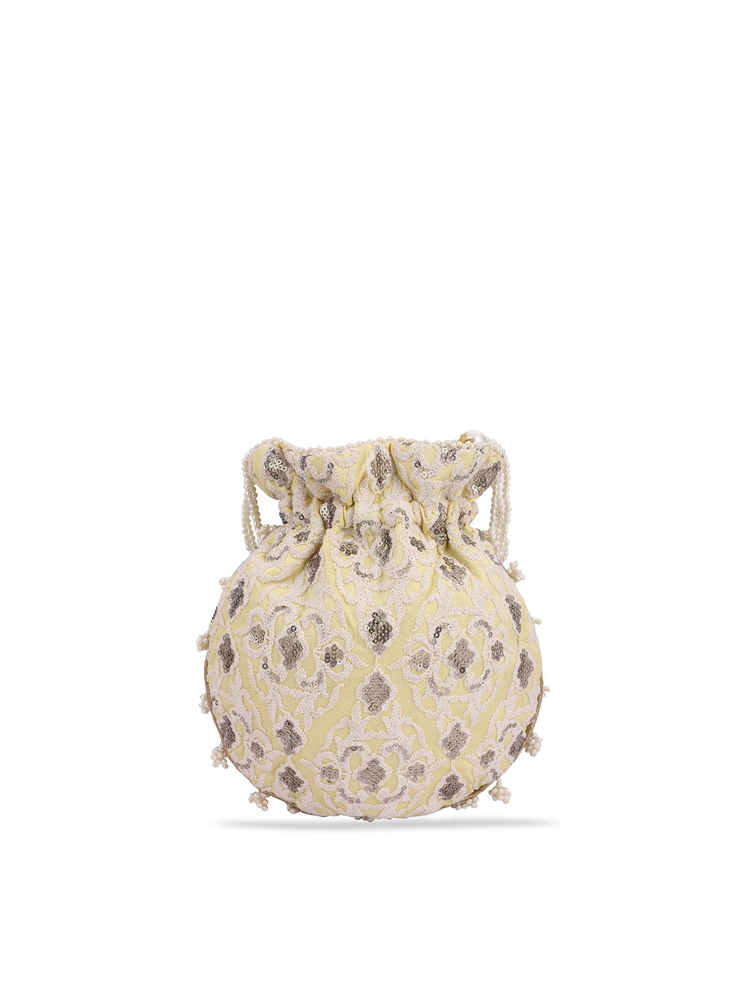 Masq Women Yellow & Grey Embellished Embroidered Potli Clutch - Swadesiicart