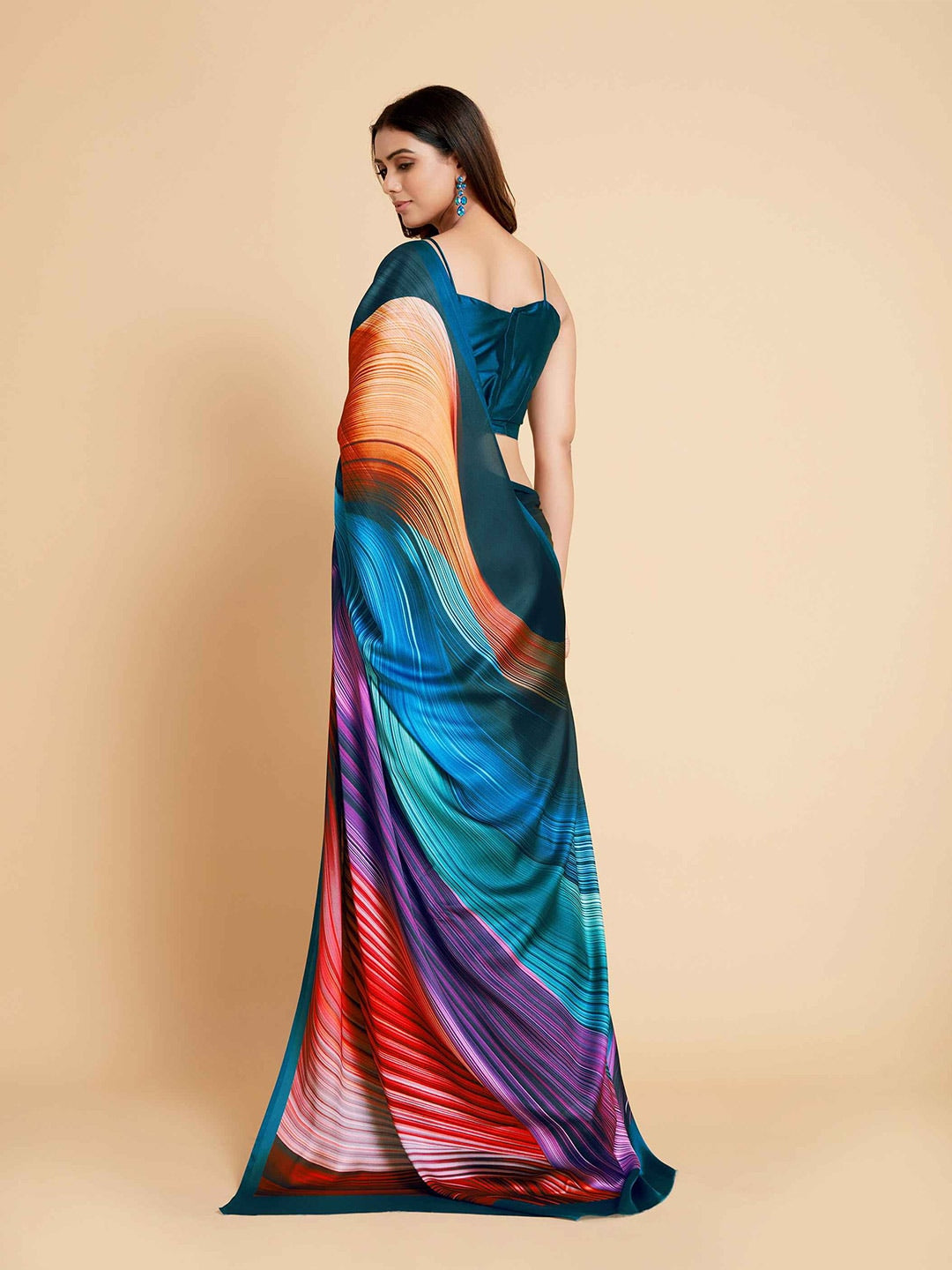 Sangria Navy Blue & Violet Satin Ready to Wear Saree | Swadesiicart