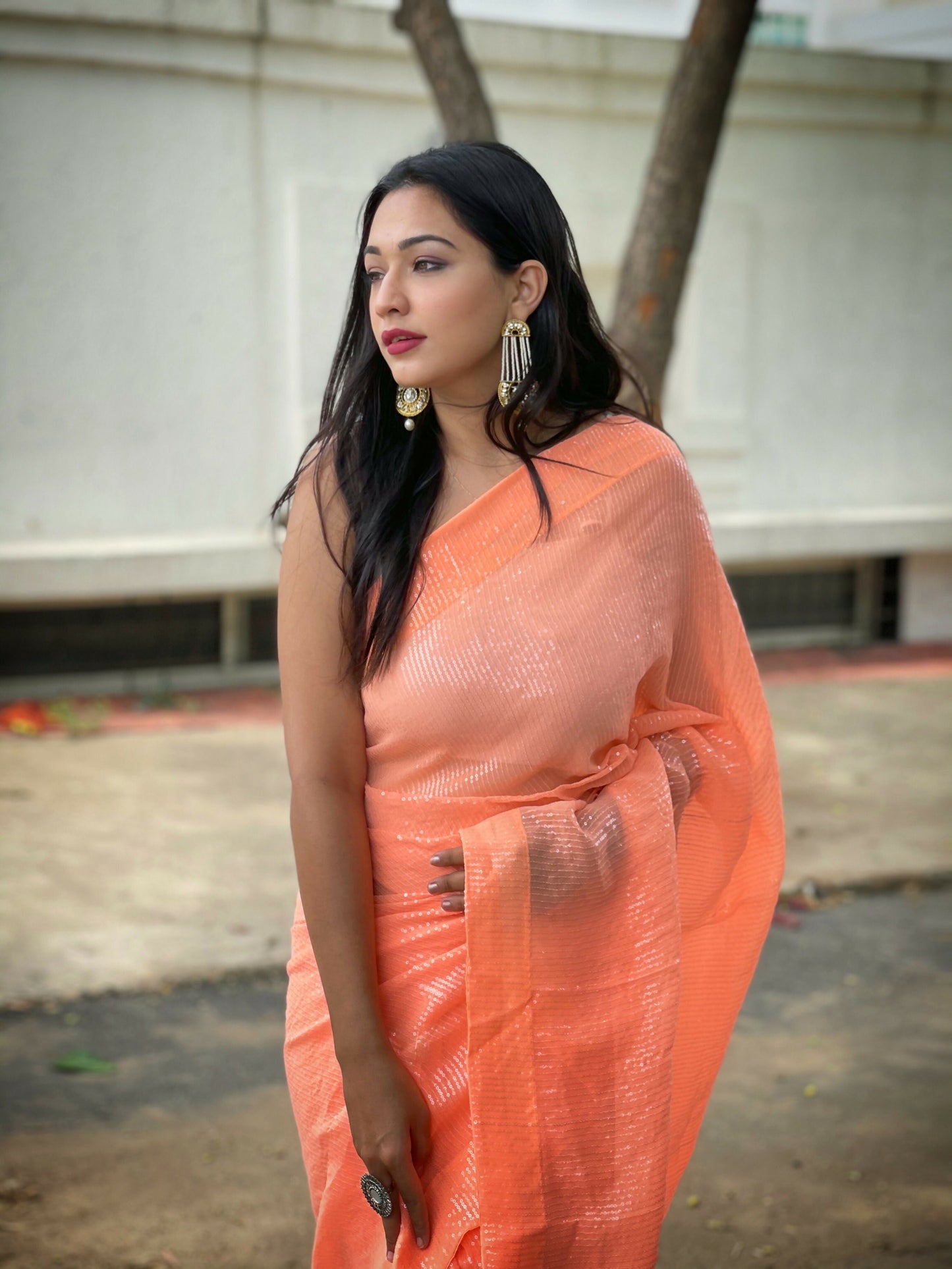 Vamsee Solid Color Sea Orange Georgette Saree - Swadesiicart