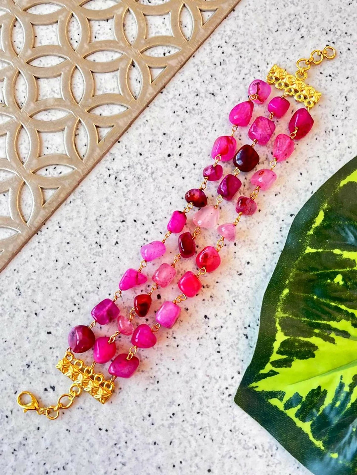 Joban Fashion Pink Brass Natural Stone Three Layered Bracelet | Swadesiicart