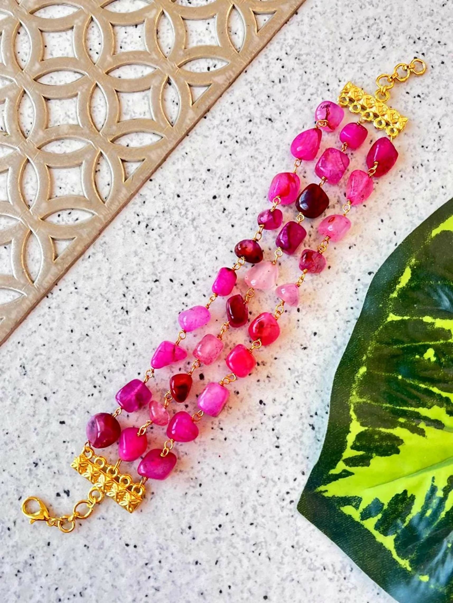 Joban Fashion Pink Brass Natural Stone Three Layered Bracelet | Swadesiicart