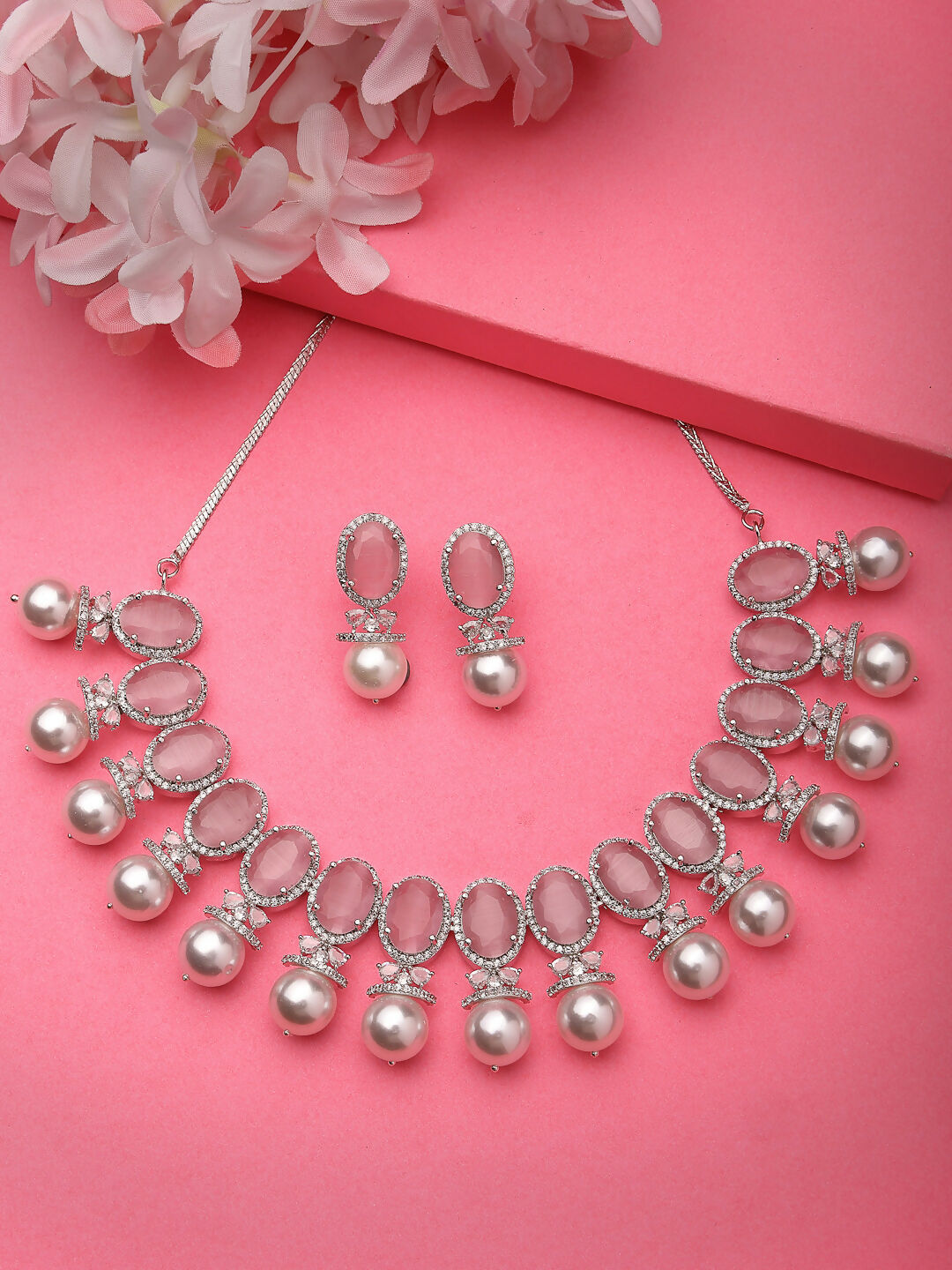 NVR Women's Silver-Plated Pink American Diamond Studded Handcrafted Jewellery Set - Swadesiicart