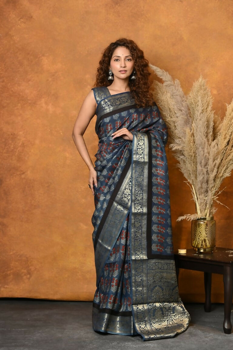 Very Much Indian Modal Silk Ajrakh Handblock Printed Natural Dyes With Designer Border Saree - Black | Swadesiicart