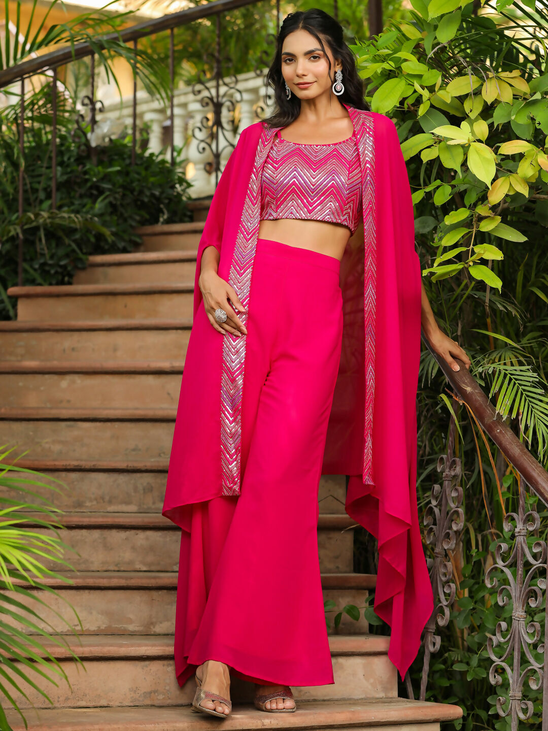 Janasya Pink Georgette Embroidered Top Bottom Cape | Swadesiicart