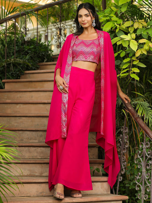 Janasya Pink Georgette Embroidered Top Bottom Cape | Swadesiicart