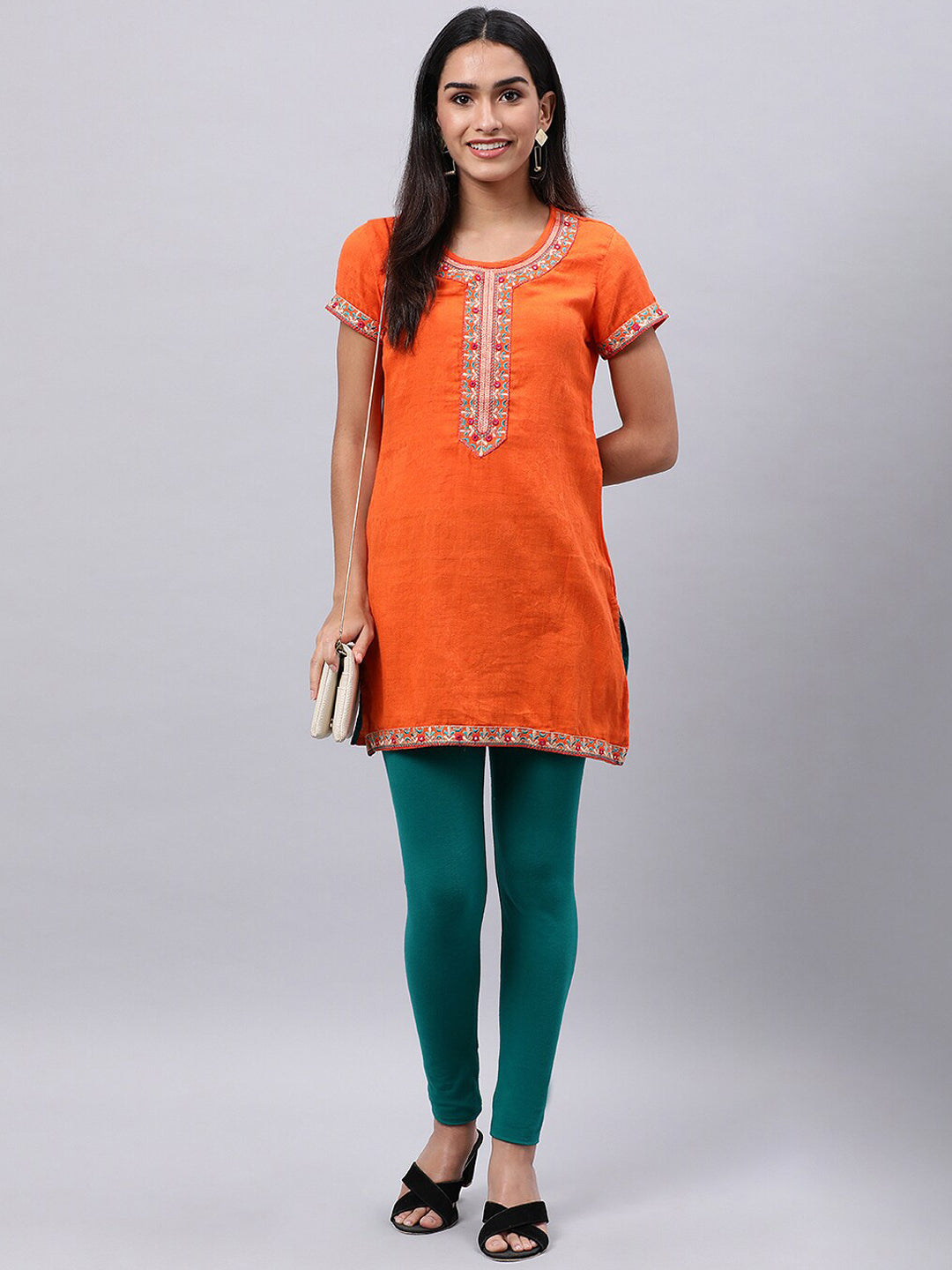Souchii Orange Floral Embroidered Mirror Work Mirror Work Kurti - Swadesiicart