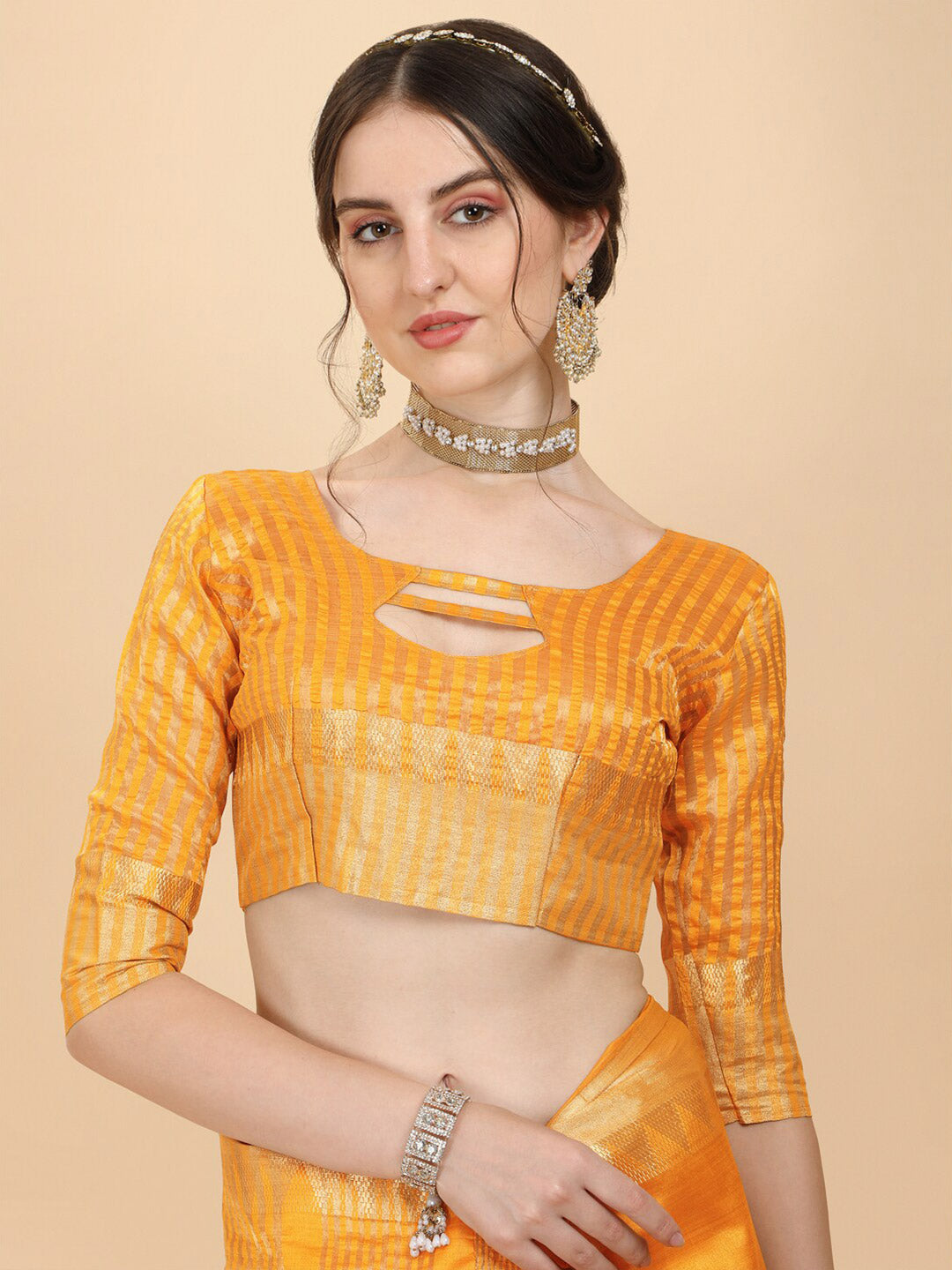 Kalini Mustard Woven Design Embellished Zari Silk Blend Banarasi Saree | Swadesiicart