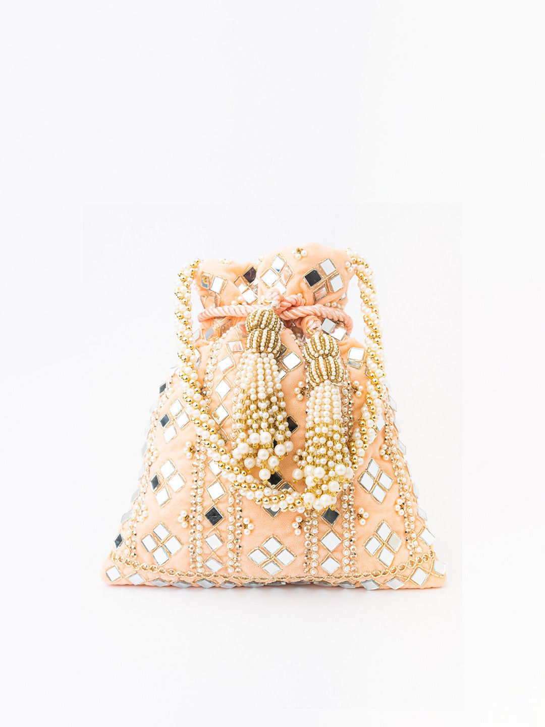 NR By Nidhi Rathi Peach-Coloured & White Embroidered Potli Clutch - Swadesiicart