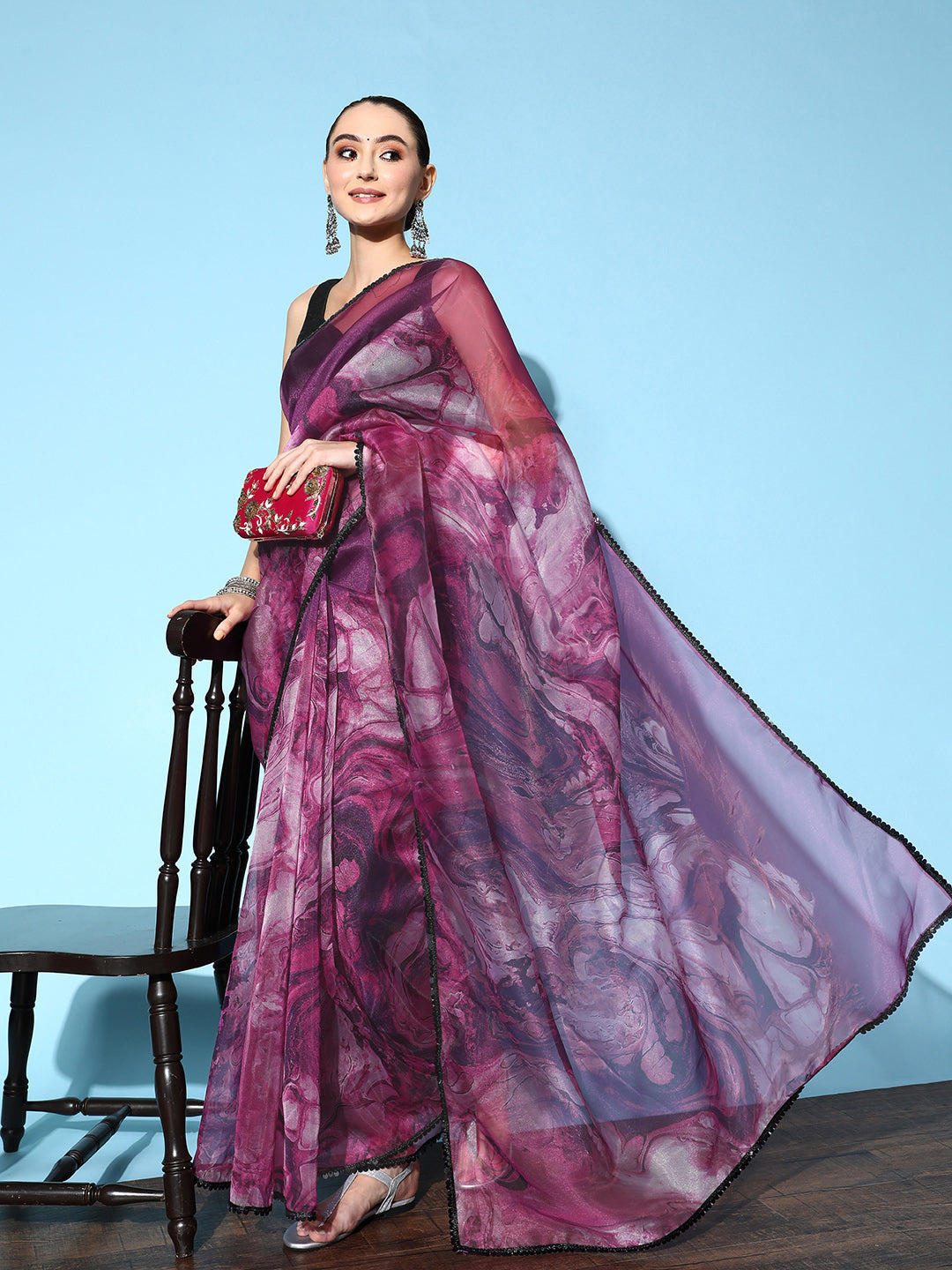 Tikhi Imli Purple & Grey Abstract Print Net Saree | Swadesiicart