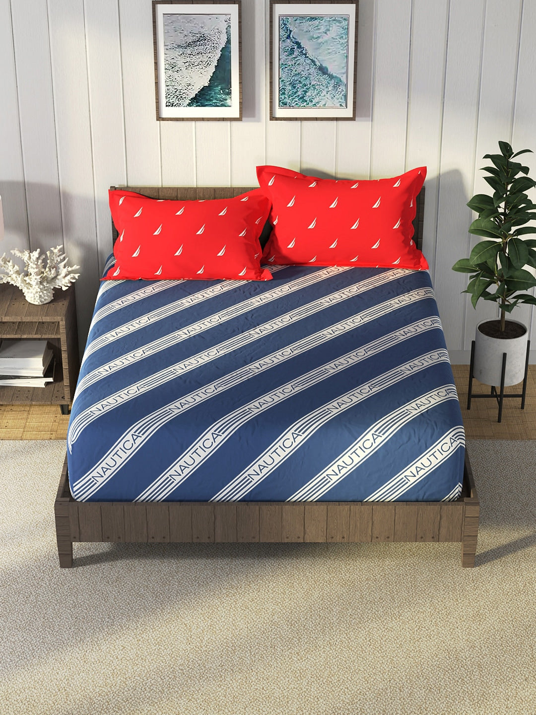 Nautica Blue & Red Striped Cotton 160 TC King Bedsheet With 2 Pillow Covers - Swadesiicart