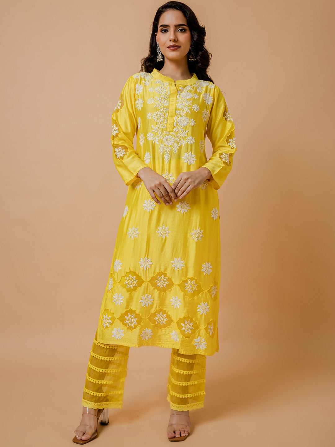HOUSE OF KARI Floral Embroidered Chanderi Silk Chikankari Kurta | Swadesiicart