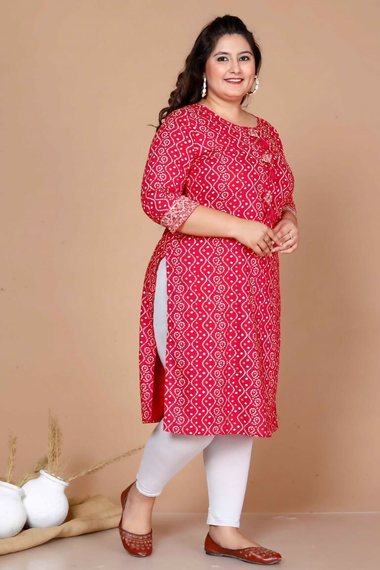 Miravan Women's Plus Size Pink Bandhani Pakistani Straight Kurti - Swadesiicart