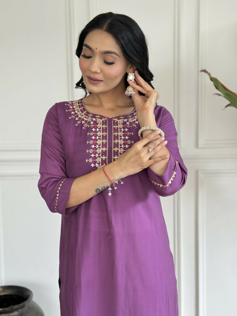 Purple Viscose chanderi Stitched Suit With Dupatta - Tanisha | Swadesiicart