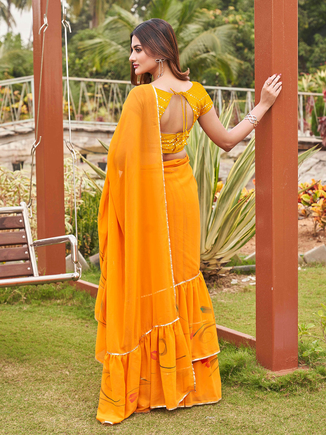 Tikhi Imli Mustard Yellow Gotta Patti Ruffles Saree | Swadesiicart