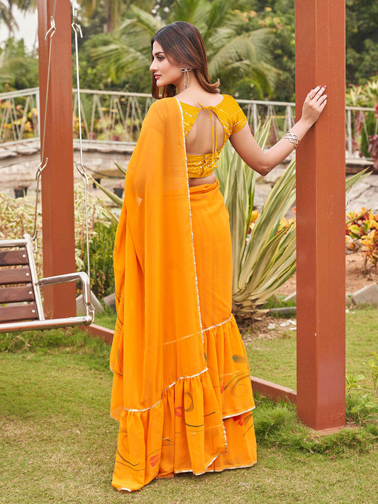 Tikhi Imli Mustard Yellow Gotta Patti Ruffles Saree | Swadesiicart