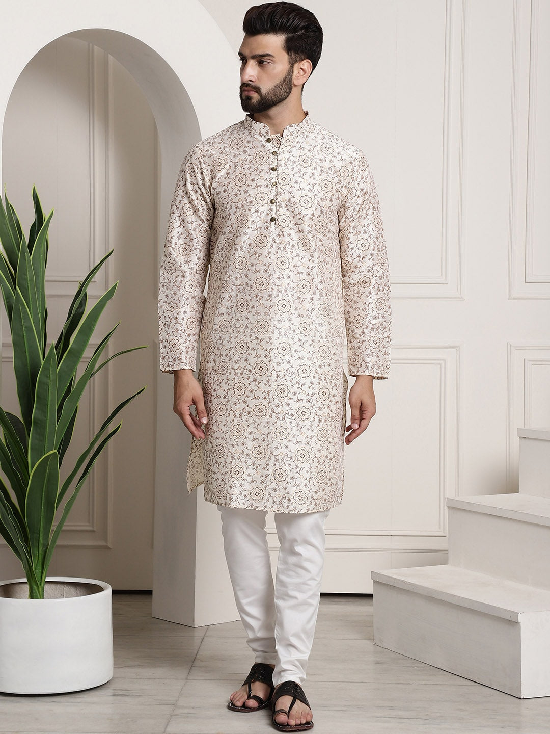 Sojanya Men Cream-Coloured & Brown Silk Cotton Printed Regular Kurta with Churidar | Swadesiicart