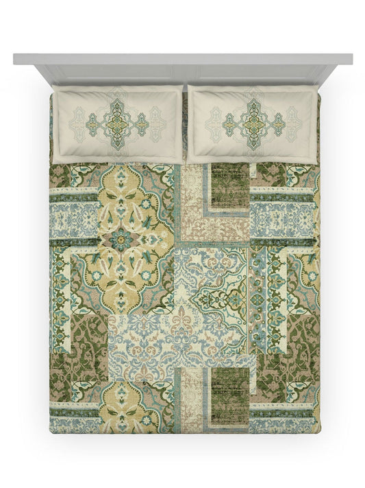 DDecor Green & White Ethnic Motifs Cotton 140 TC King Bedsheet with 2 Pillow Covers - Swadesiicart