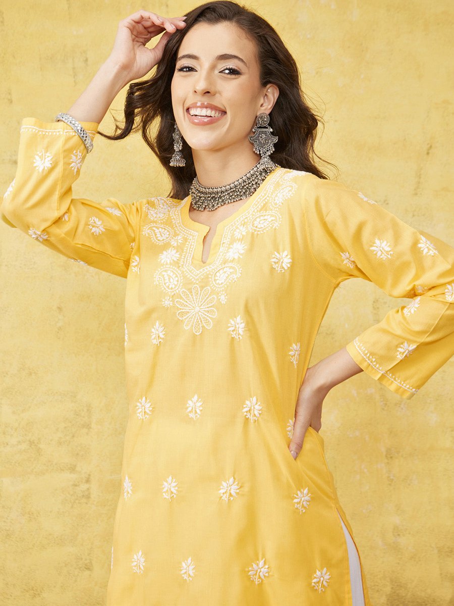 ADA Women Yellow & White Chikankari Embroidered Straight Sustainable Handloom Kurta | Swadesiicart